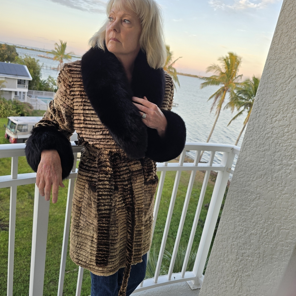 Luxurious Fox Trim With Sheared Rabbit Fur Coat with Black Accents